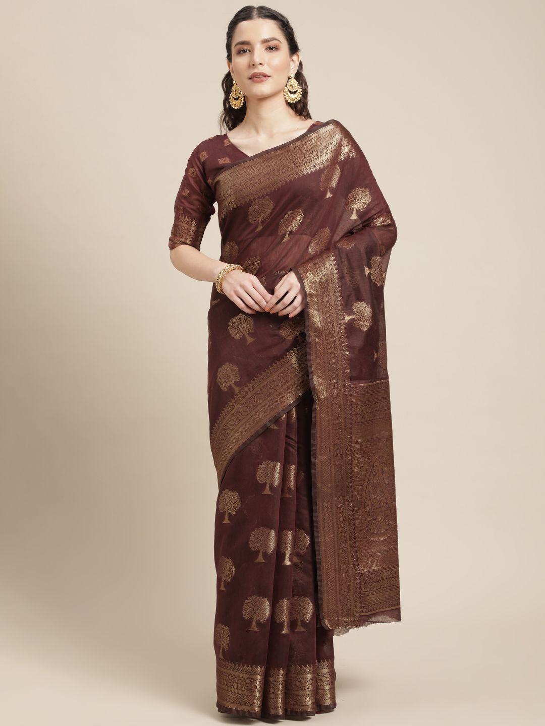 mitera coffee brown & gold-toned ethnic motifs zari linen blend kanjeevaram saree