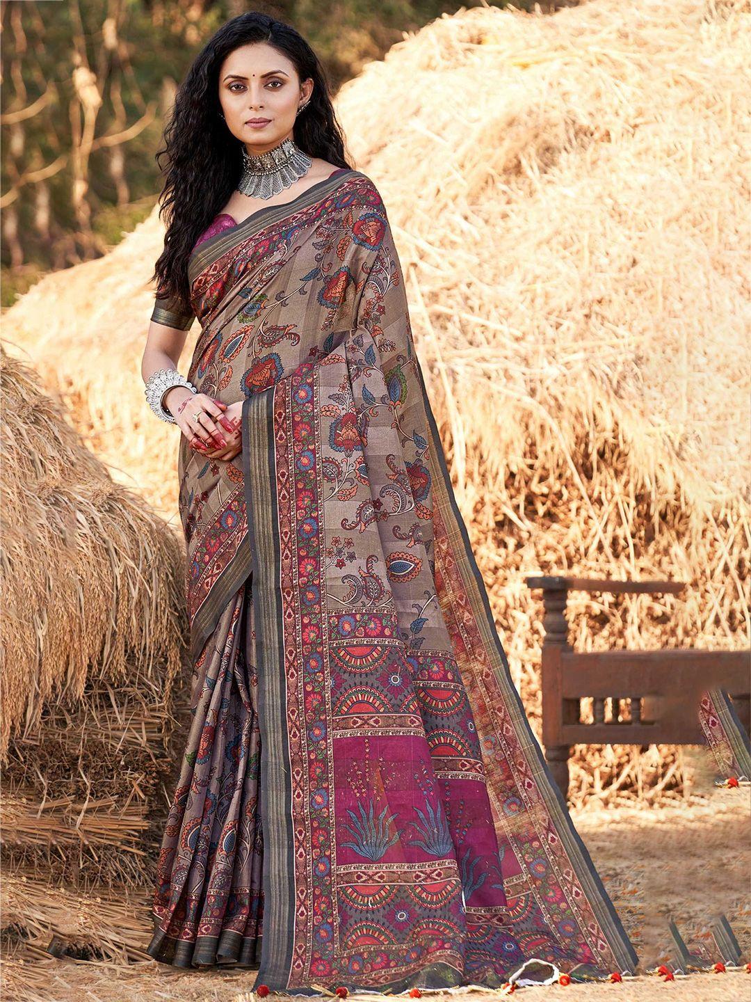 mitera coffee brown & gold-toned kalamkari printed zari saree