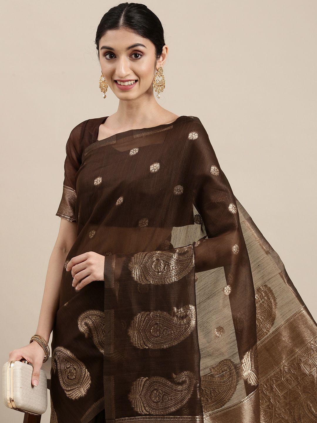 mitera coffee brown & golden ethnic motifs linen blend banarasi saree