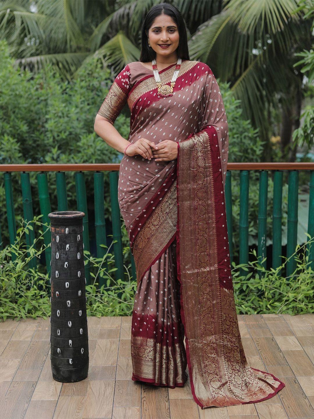 mitera coffee brown & maroon printed zari bandhani saree