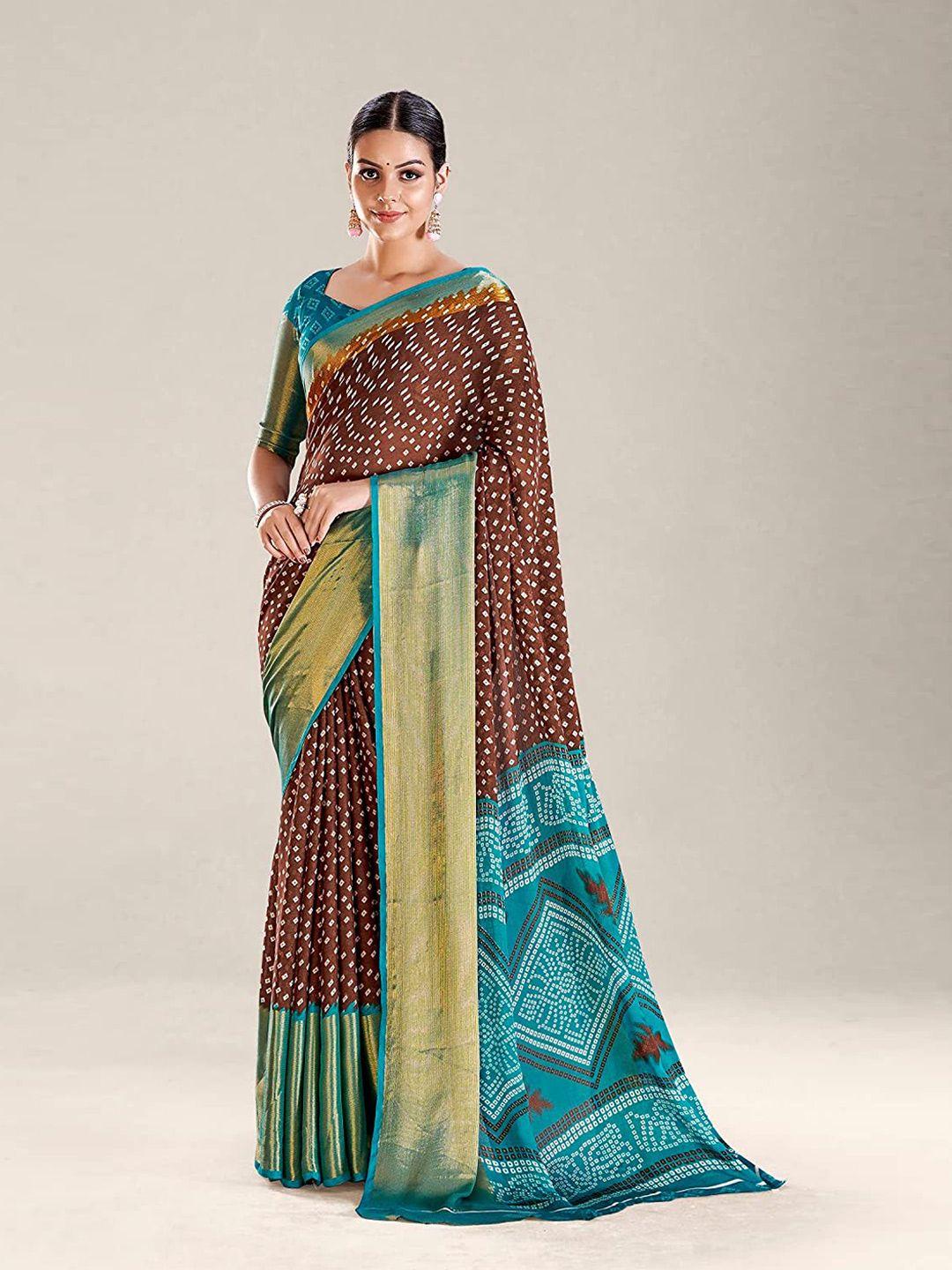 mitera coffee brown bandhani zari silk cotton bandhani saree