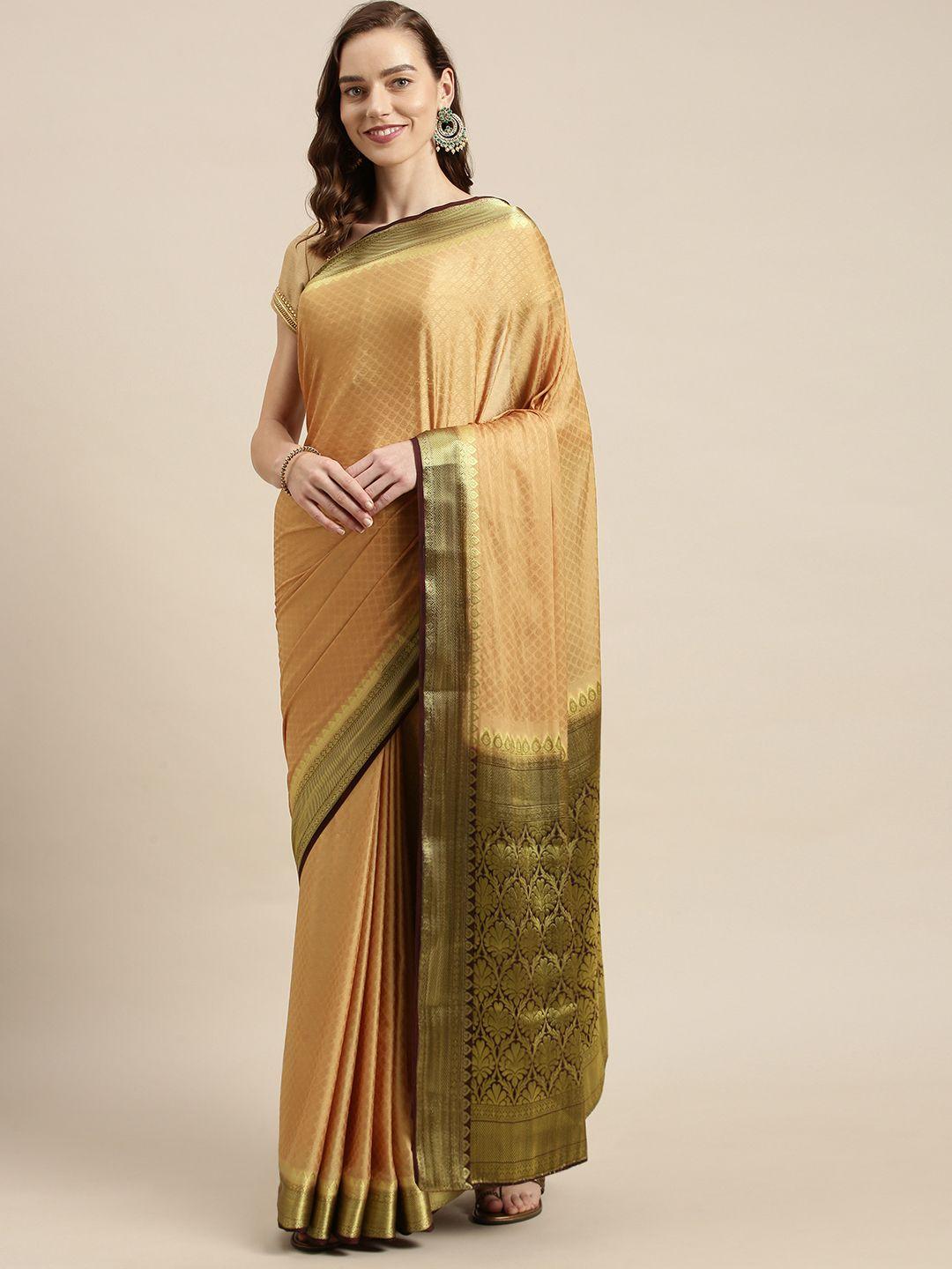 mitera coffee brown woven design mysore silk poly crepe saree