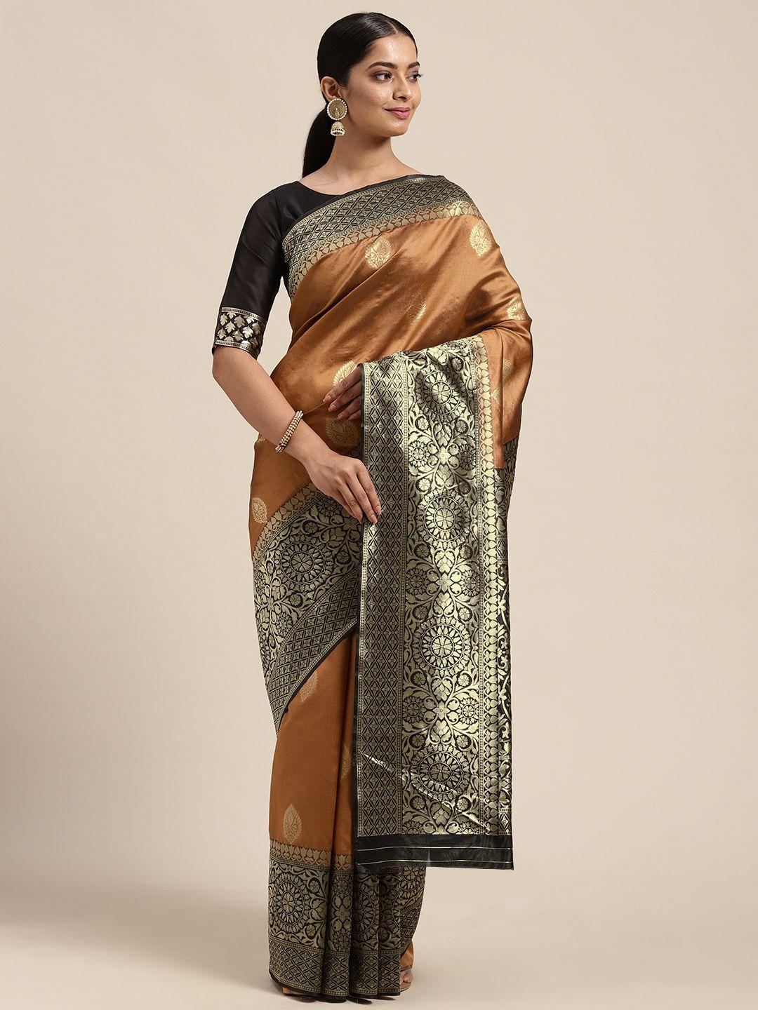 mitera copper-toned & black ethnic motifs silk blend saree