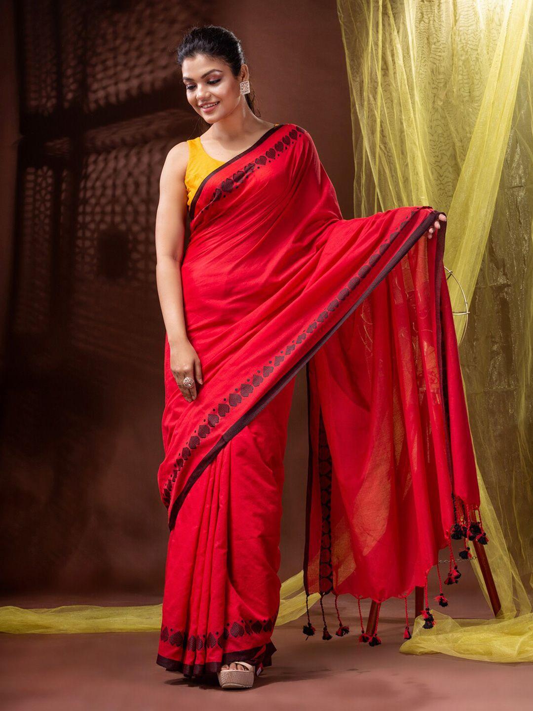 mitera coral & black pure cotton saree