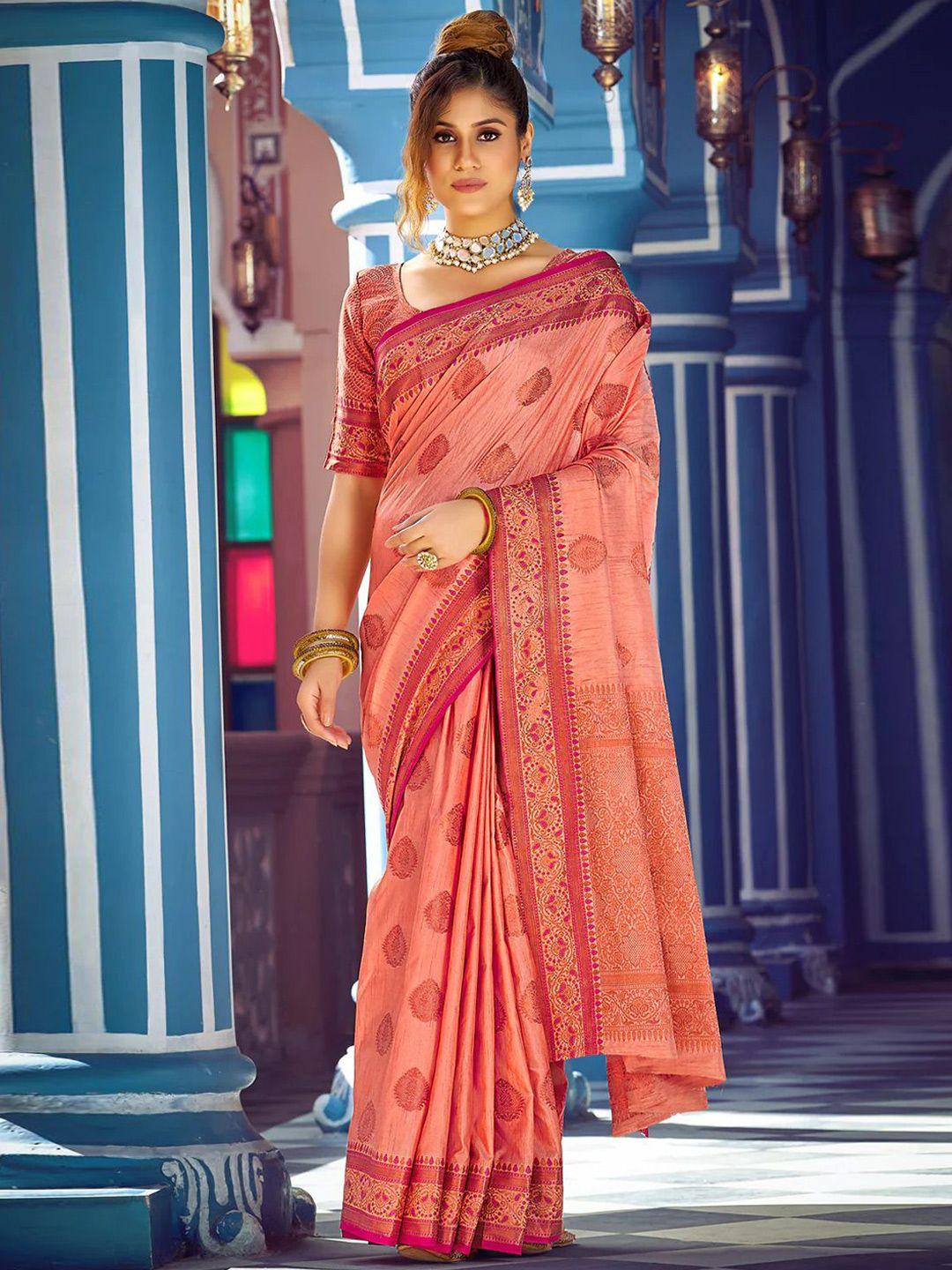 mitera coral & gold-toned ethnic motifs woven design zari banarasi saree