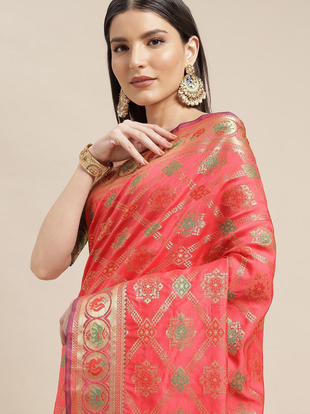 mitera coral pink & green ethnic motifs zari silk blend kanjeevaram saree