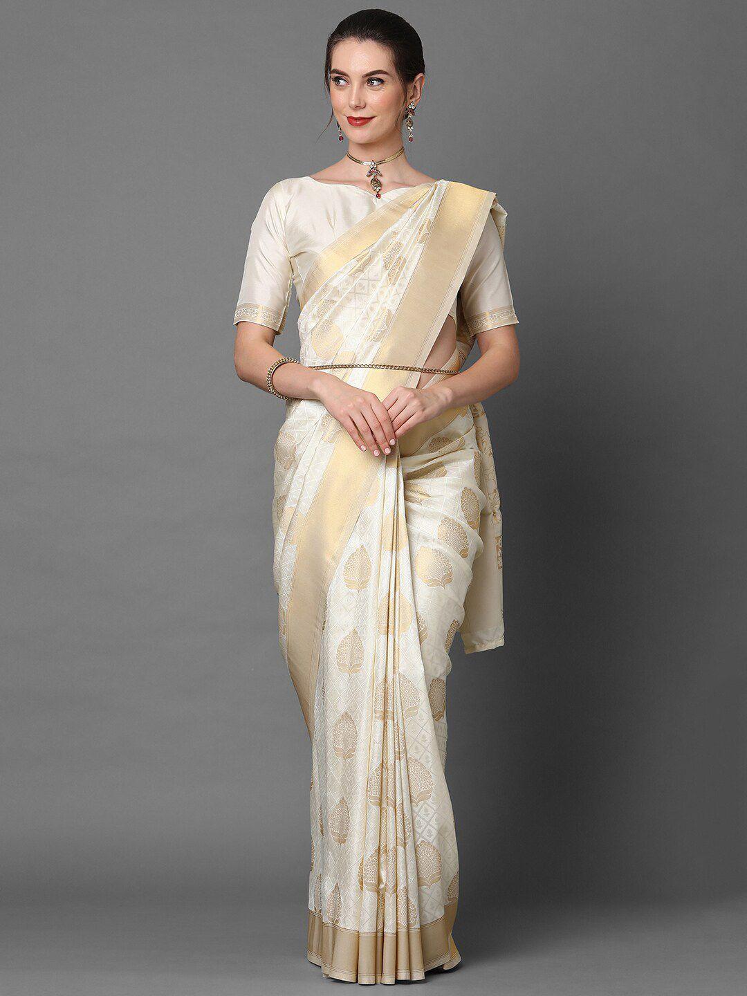 mitera cream & gold-coloured ethnic motifs zari woven design silk blend banarasi saree