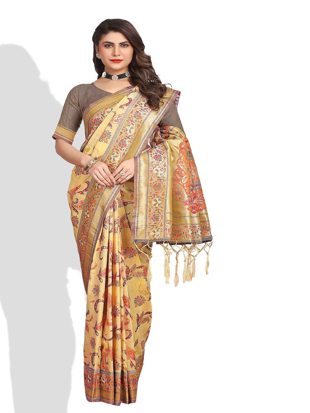 mitera cream & gold-toned ethnic motifs printed art silk saree