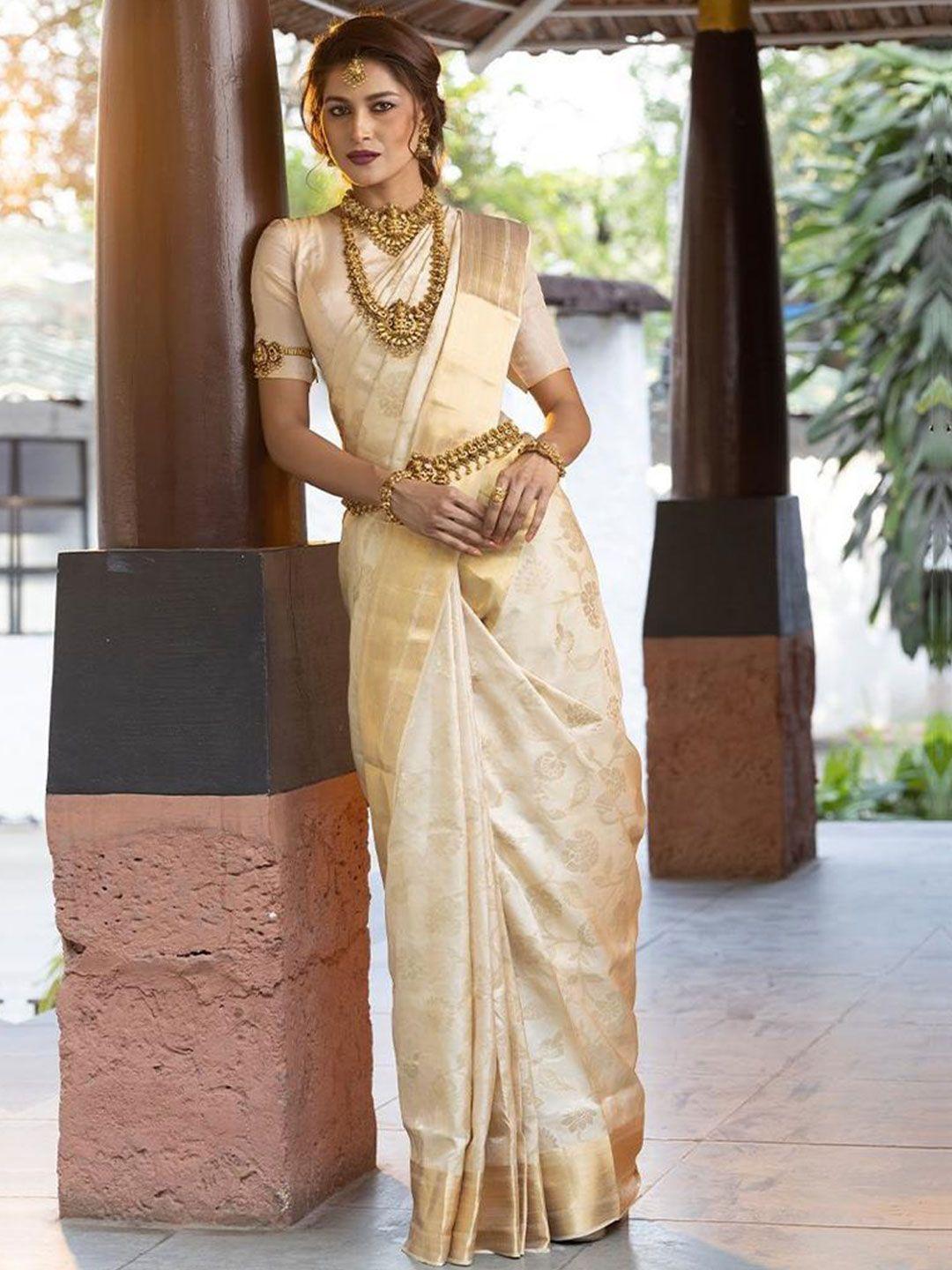 mitera cream & gold toned woven design zari art silk saree