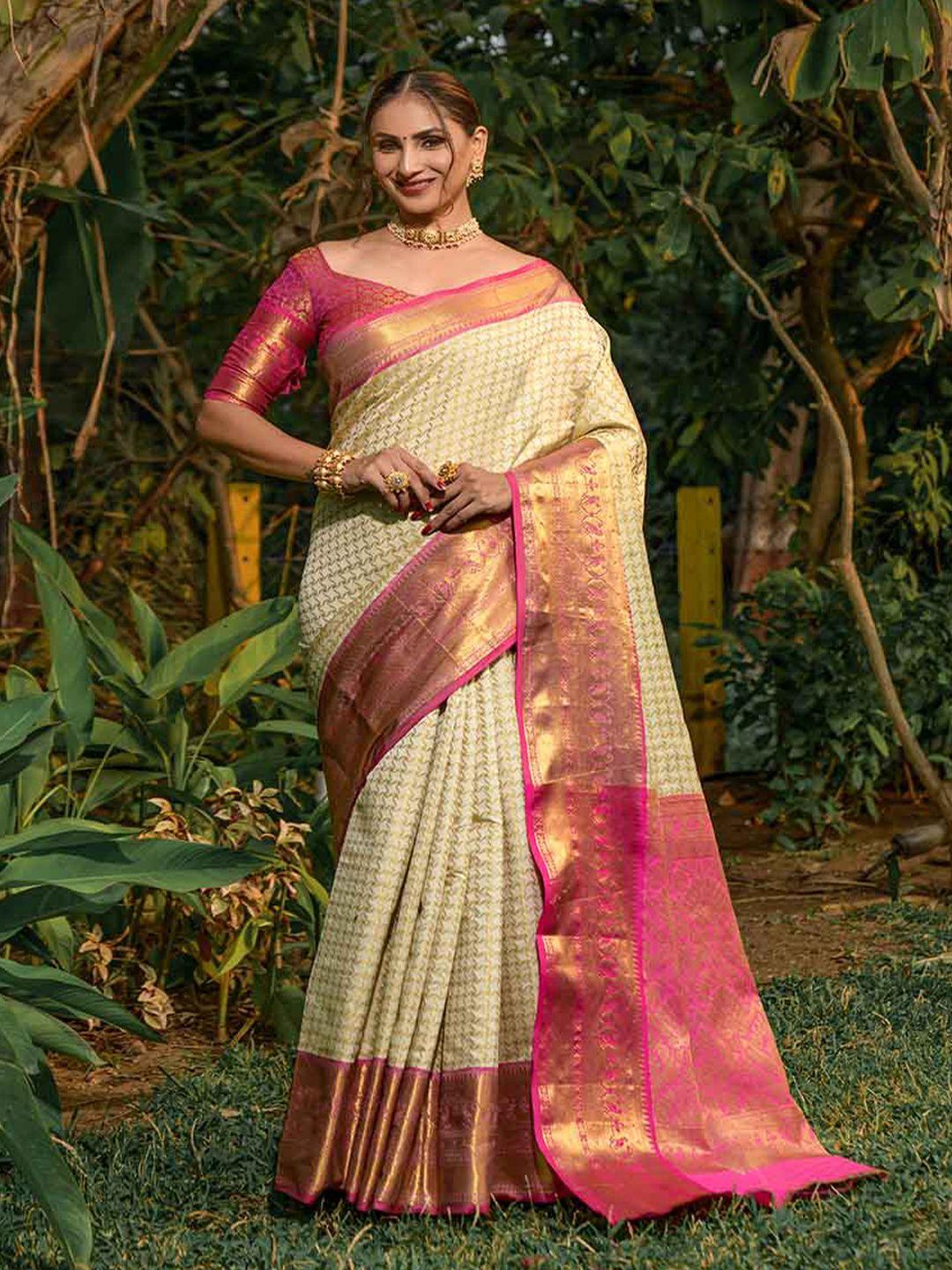 mitera cream & pink ethnic motifs woven design zari art silk saree