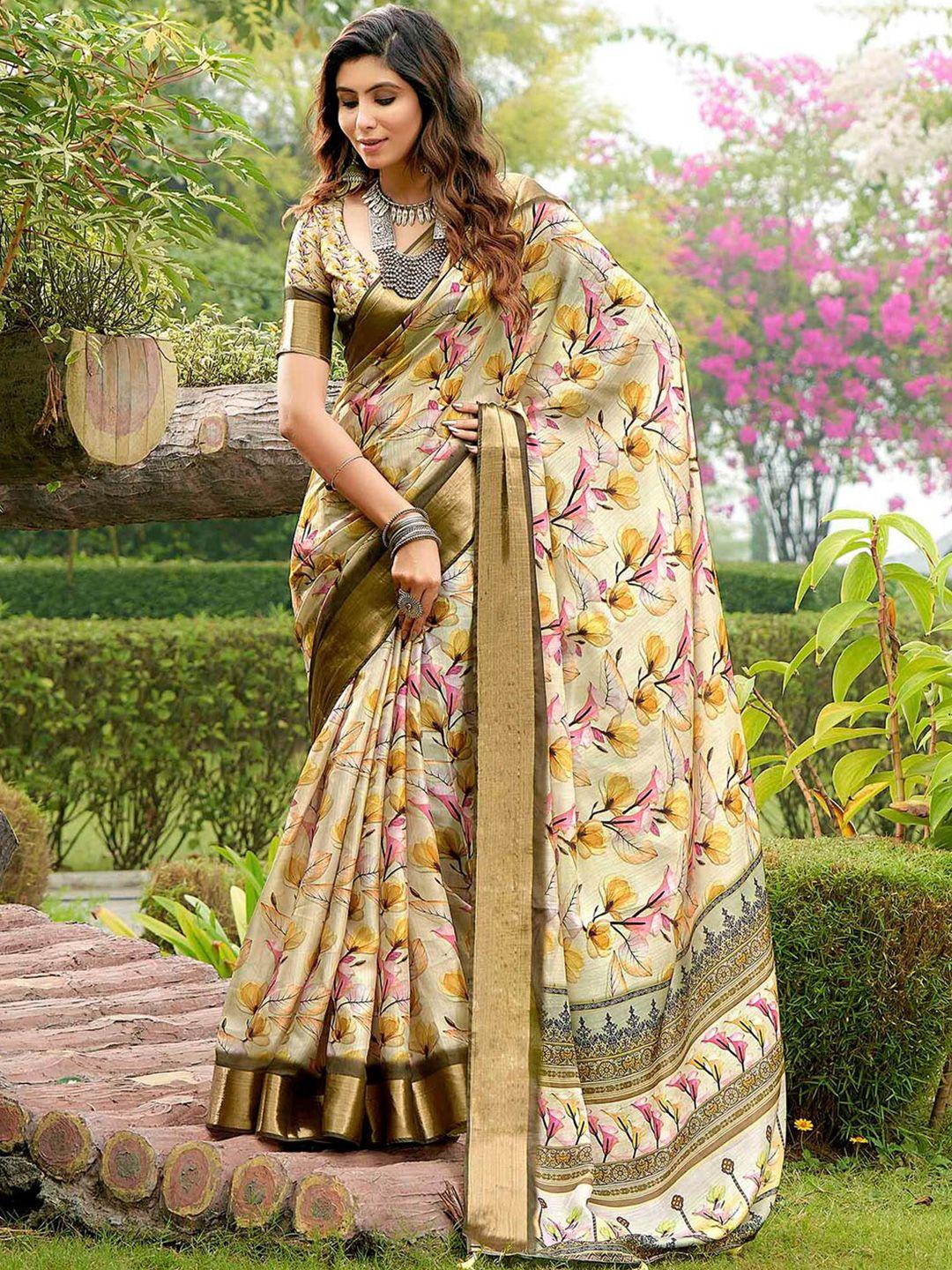 mitera cream & pink floral printed zari tussar silk sungudi saree