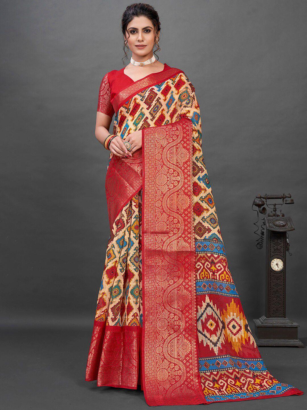 mitera cream & red ethnic motifs printed sungudi saree