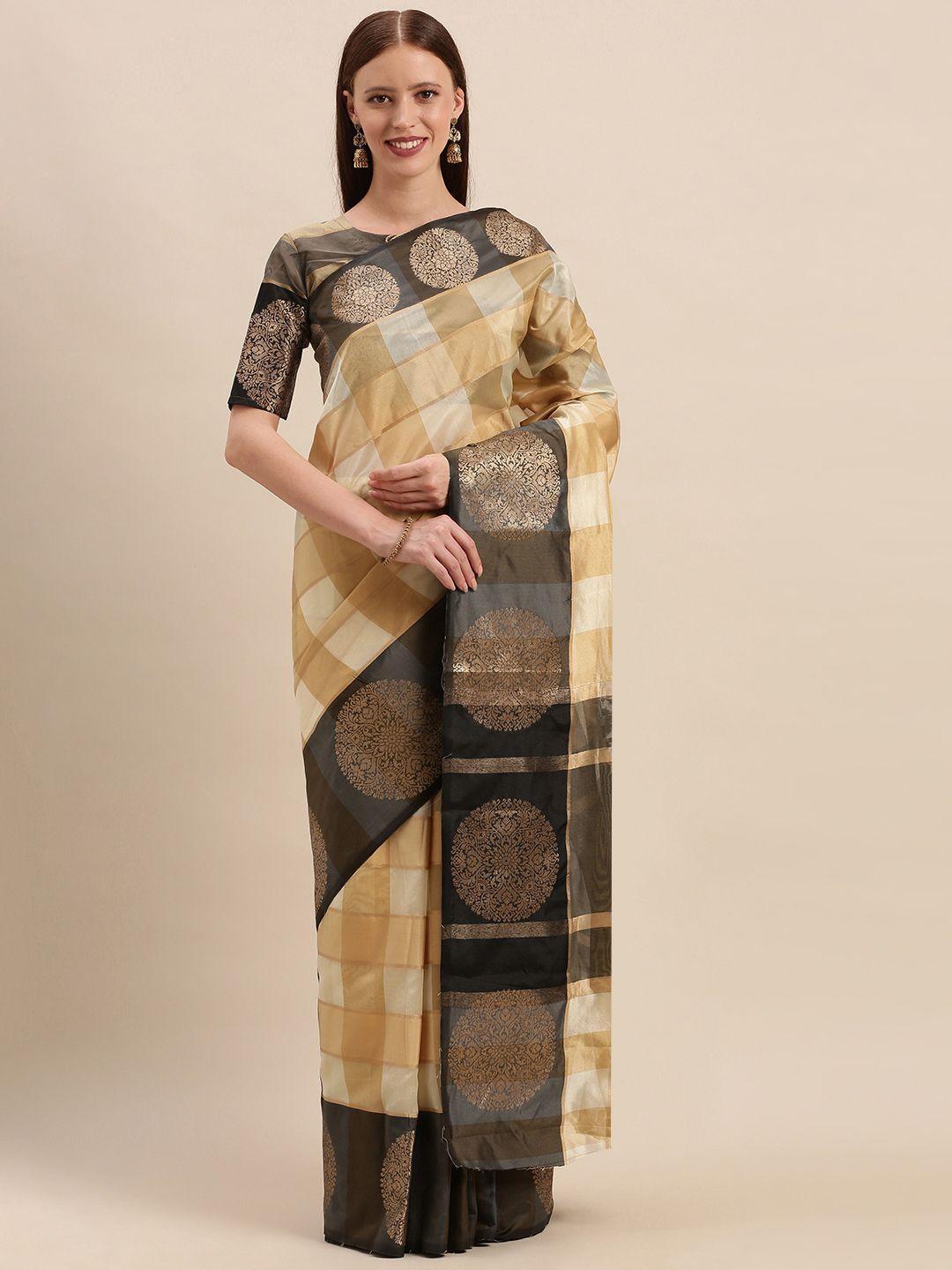 mitera cream-coloured & black cotton blend checked kanjeevaram saree