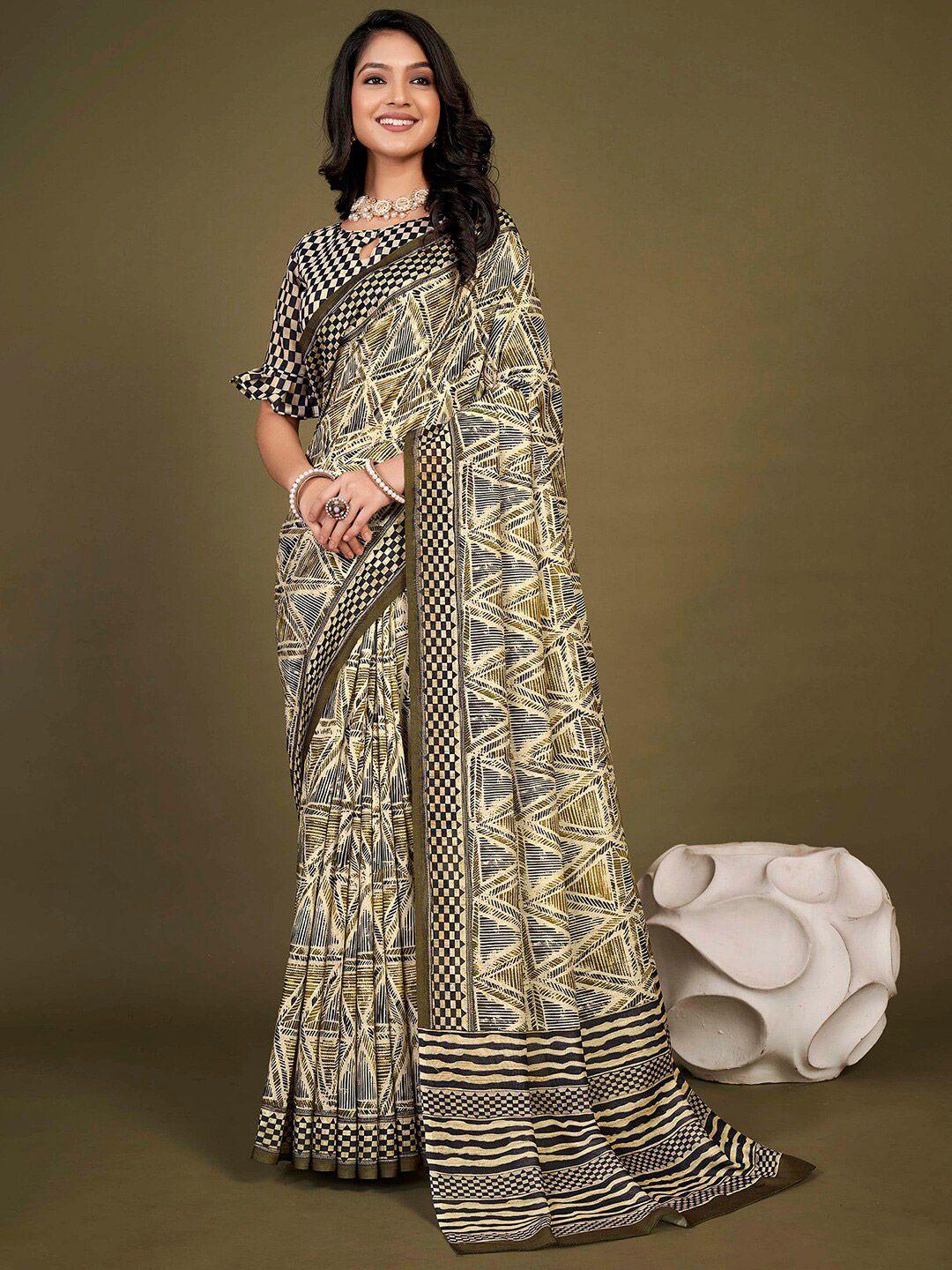 mitera cream-coloured & black geometric printed pure silk bagh saree