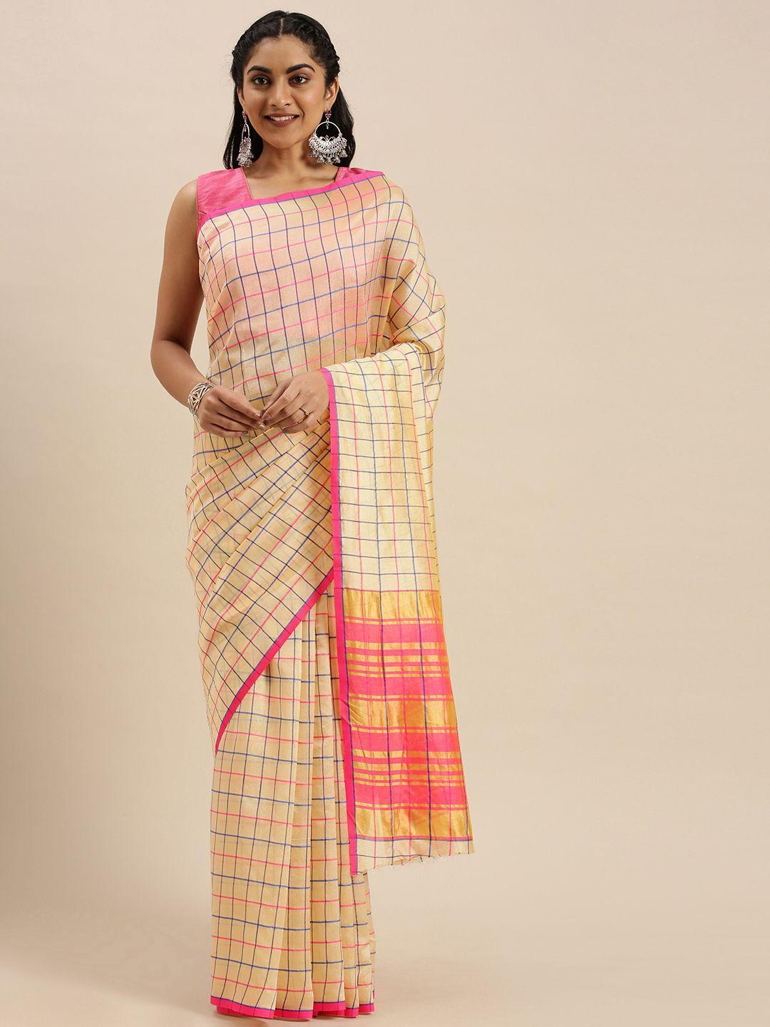 mitera cream-coloured & blue checked saree