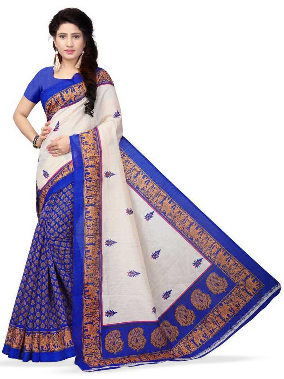 mitera cream-coloured & blue ethnic motifs printed saree