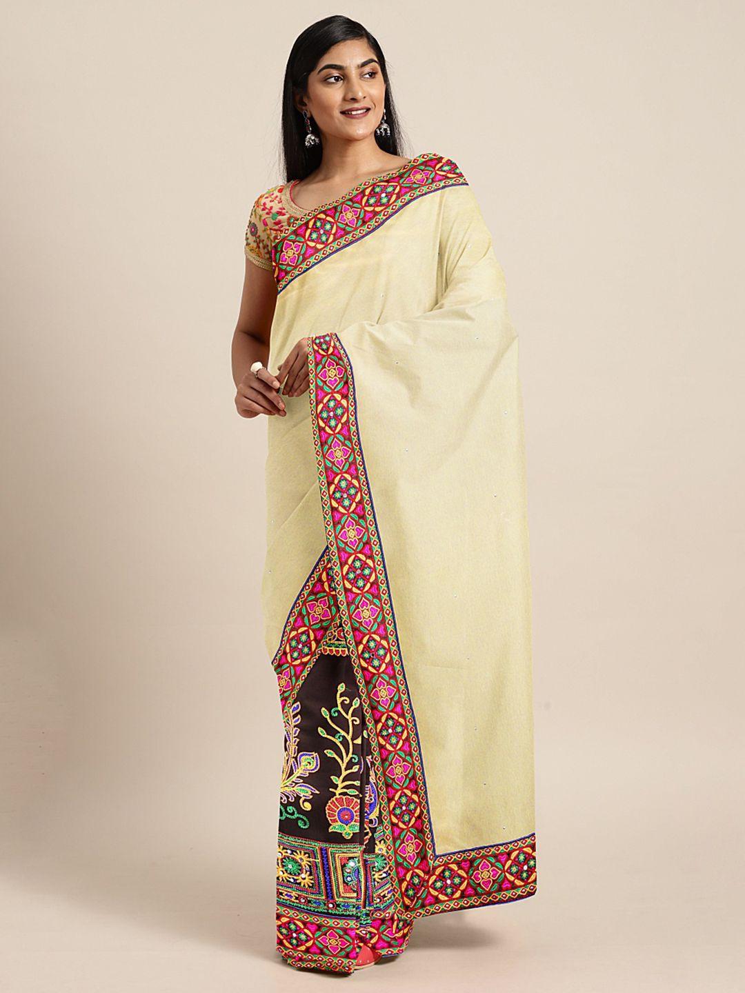 mitera cream-coloured & brown pure georgette embroidered saree