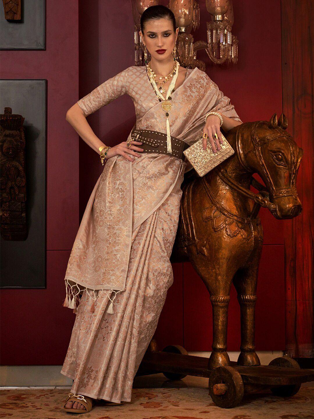 mitera cream-coloured & gold-toned ethnic motifs woven design zari banarasi saree