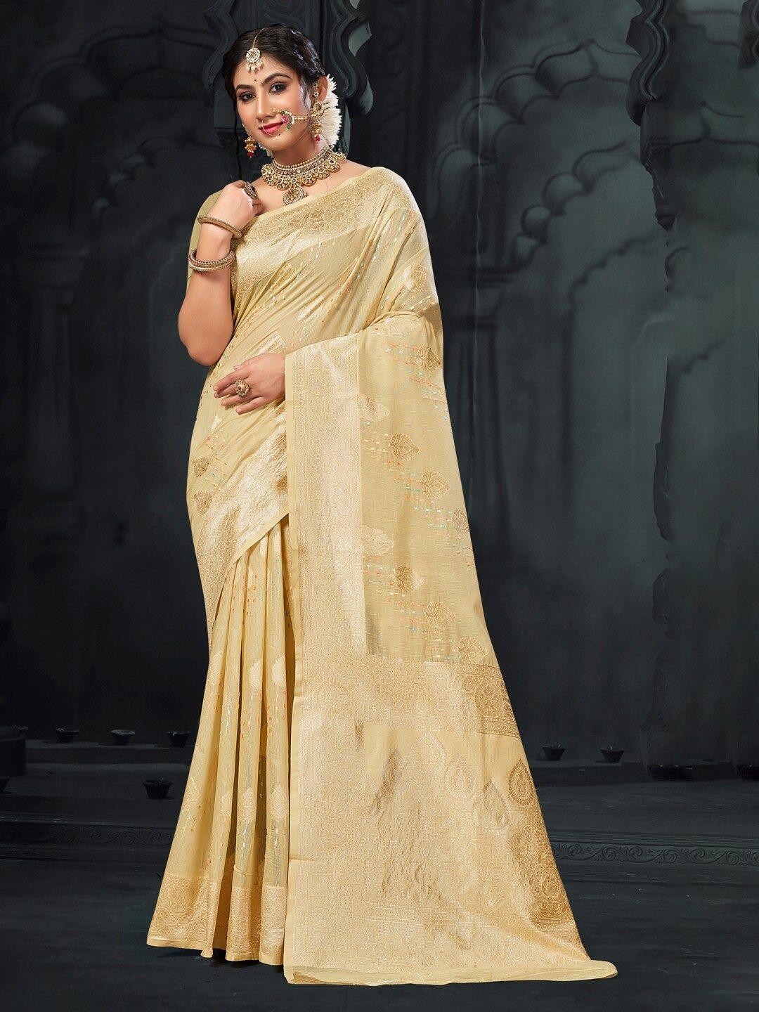 mitera cream-coloured & gold-toned ethnic motifs woven design zari saree