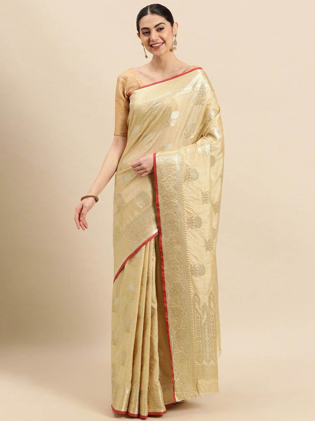 mitera cream-coloured & gold-toned floral woven design zari banarasi saree