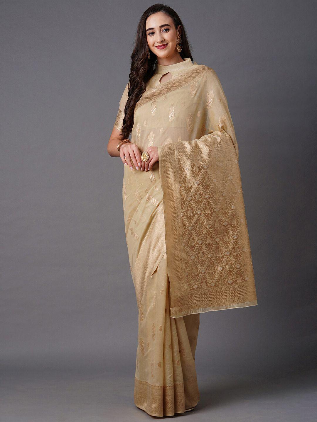 mitera cream-coloured & gold-toned floral zari silk blend banarasi saree