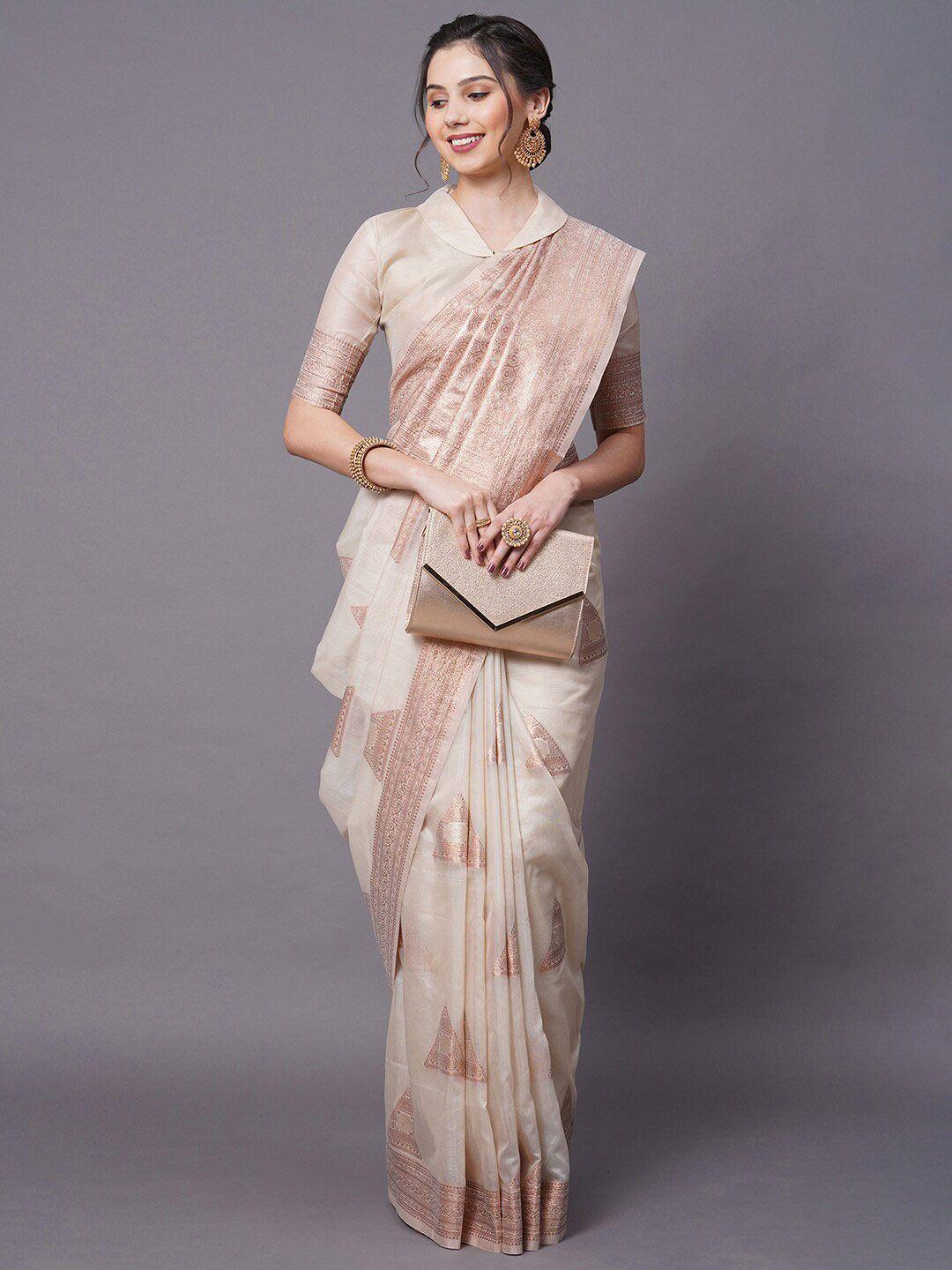 mitera cream-coloured & gold-toned woven design silk blend banarasi saree