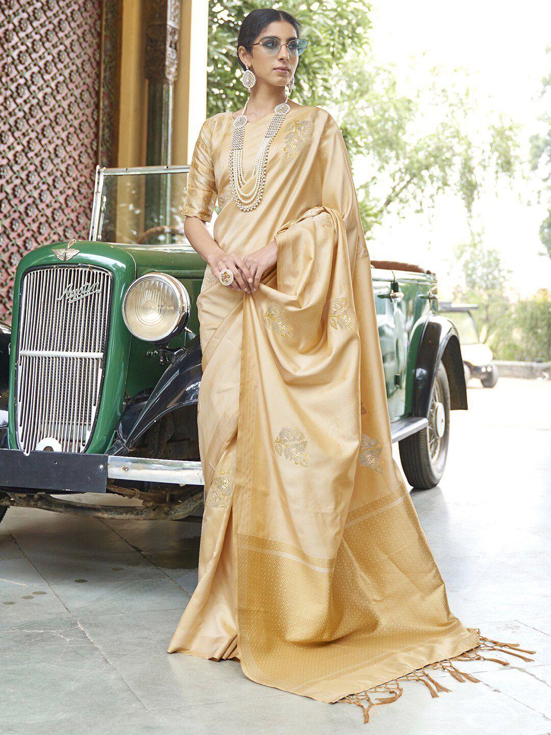 mitera cream-coloured & gold-toned woven design zari silk blend  saree