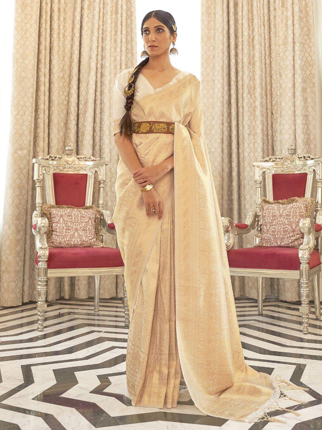 mitera cream-coloured & gold-toned woven design zari silk blend saree