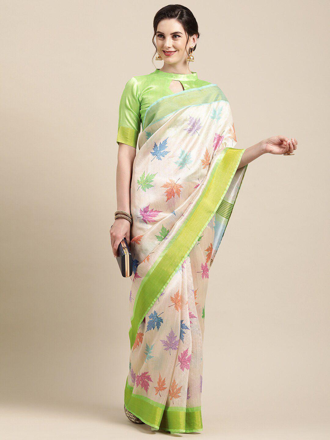 mitera cream-coloured & green floral zari art silk saree