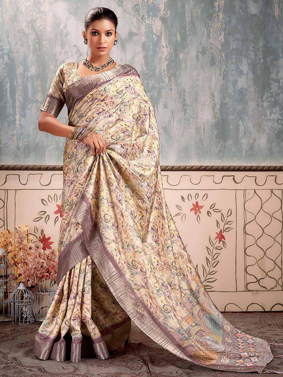 mitera cream-coloured & mauve zari silk blend designer sungudi saree