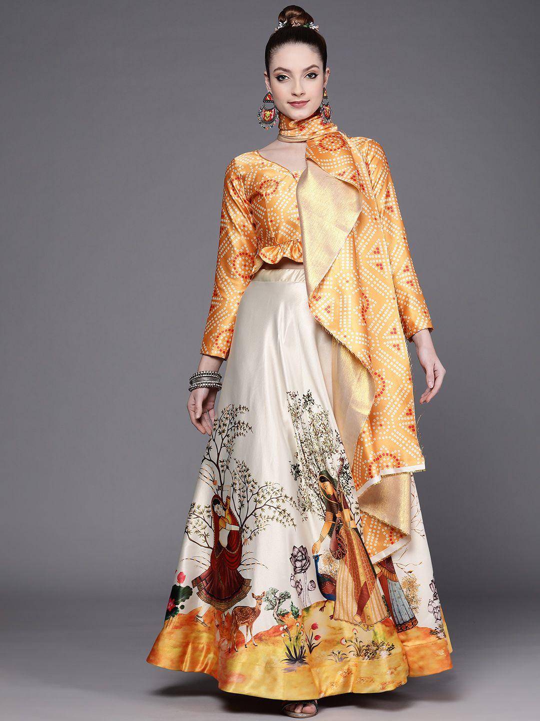 mitera cream-coloured & orange block print semi-stitched lehenga unstitched blouse dupatta