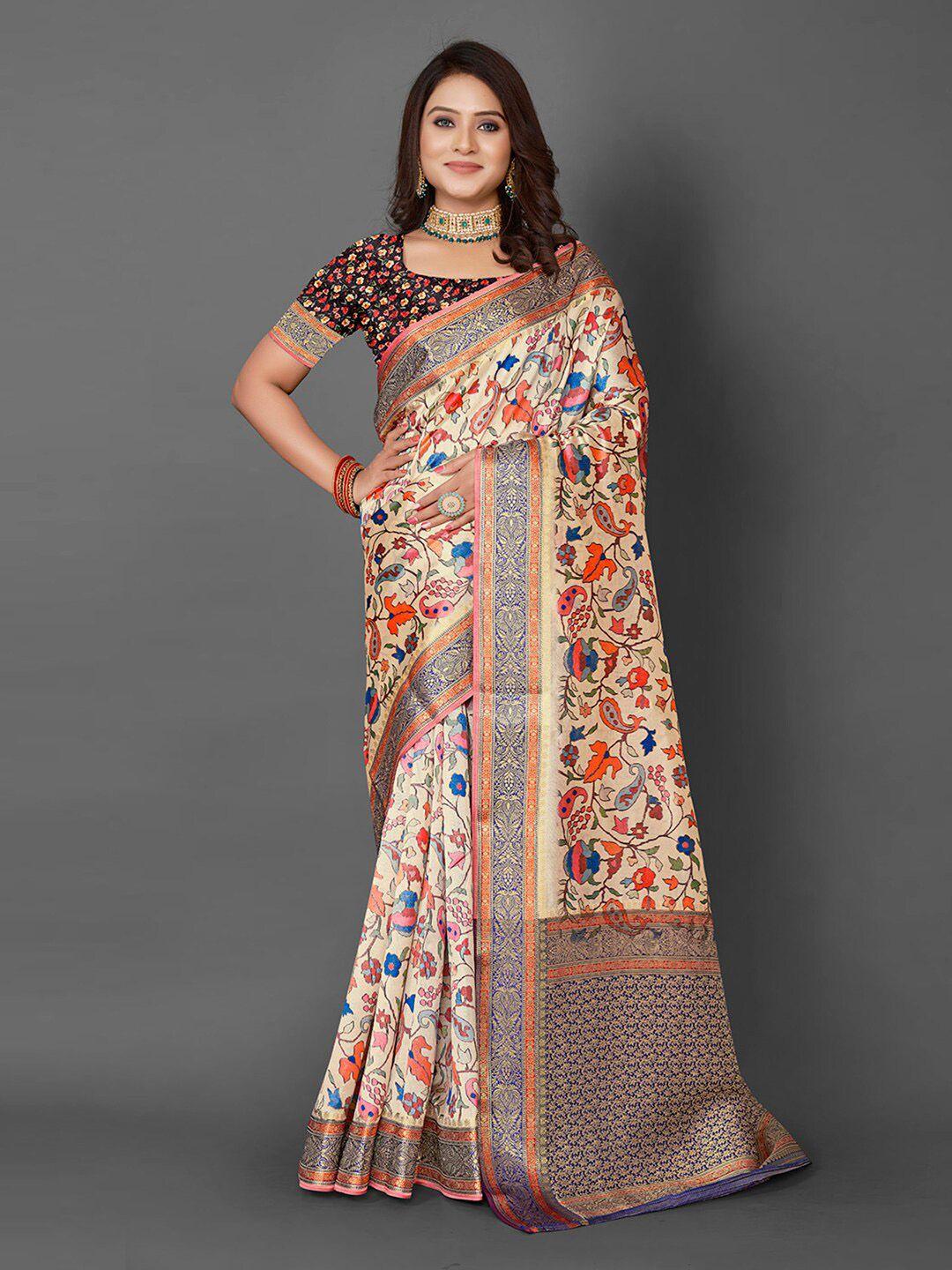 mitera cream-coloured & orange floral woven design zari banarasi saree