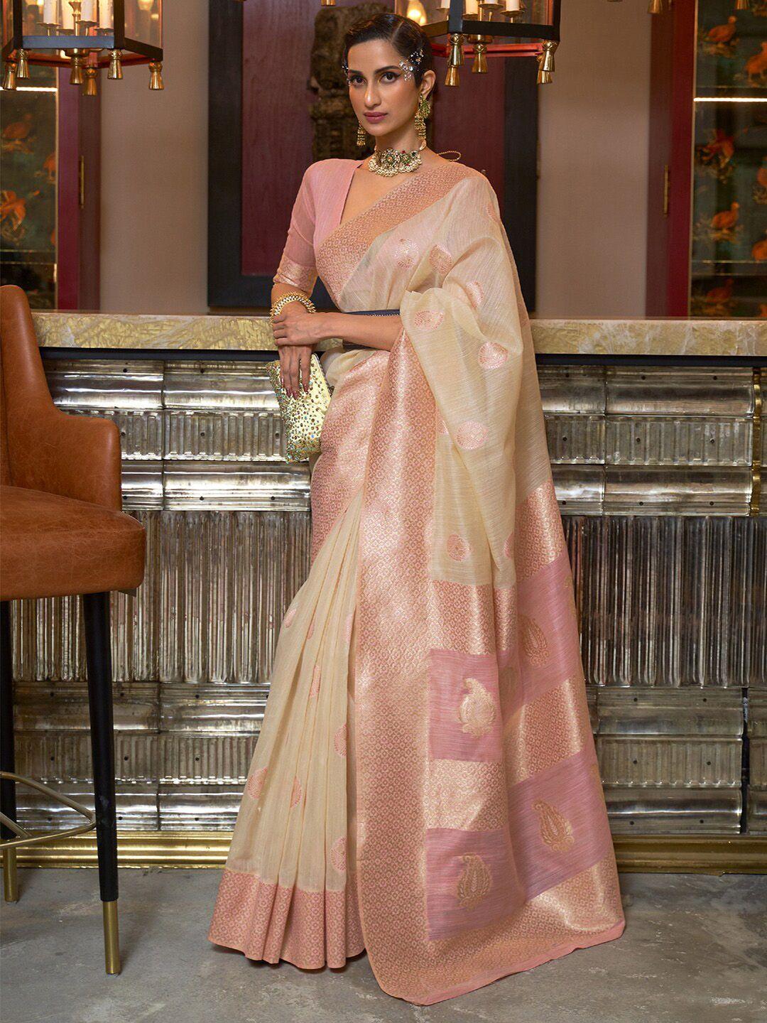 mitera cream-coloured & pink ethnic motifs zari pure linen bagru saree