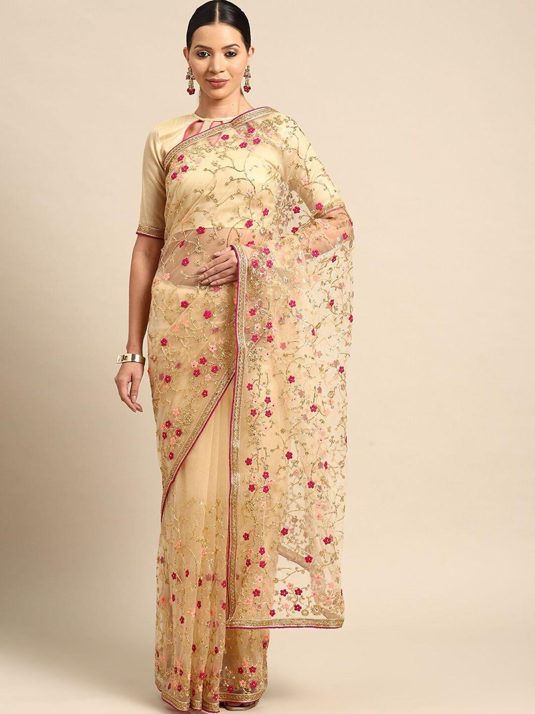 mitera cream-coloured & pink floral embroidered net saree