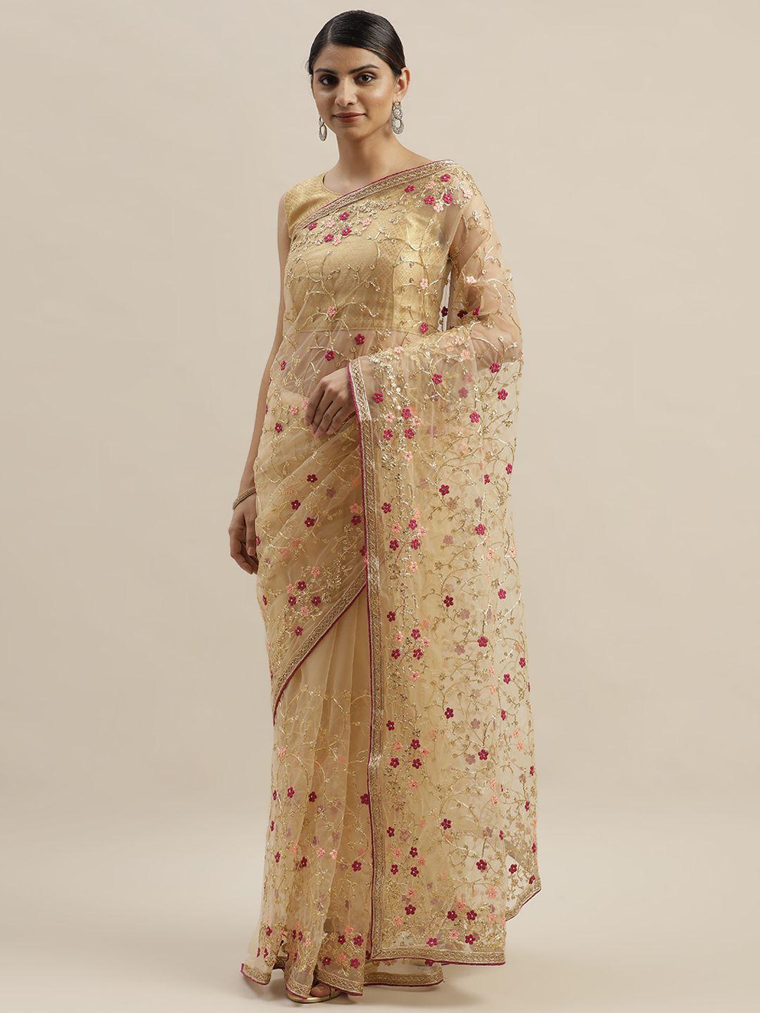 mitera cream-coloured & pink net embellished saree