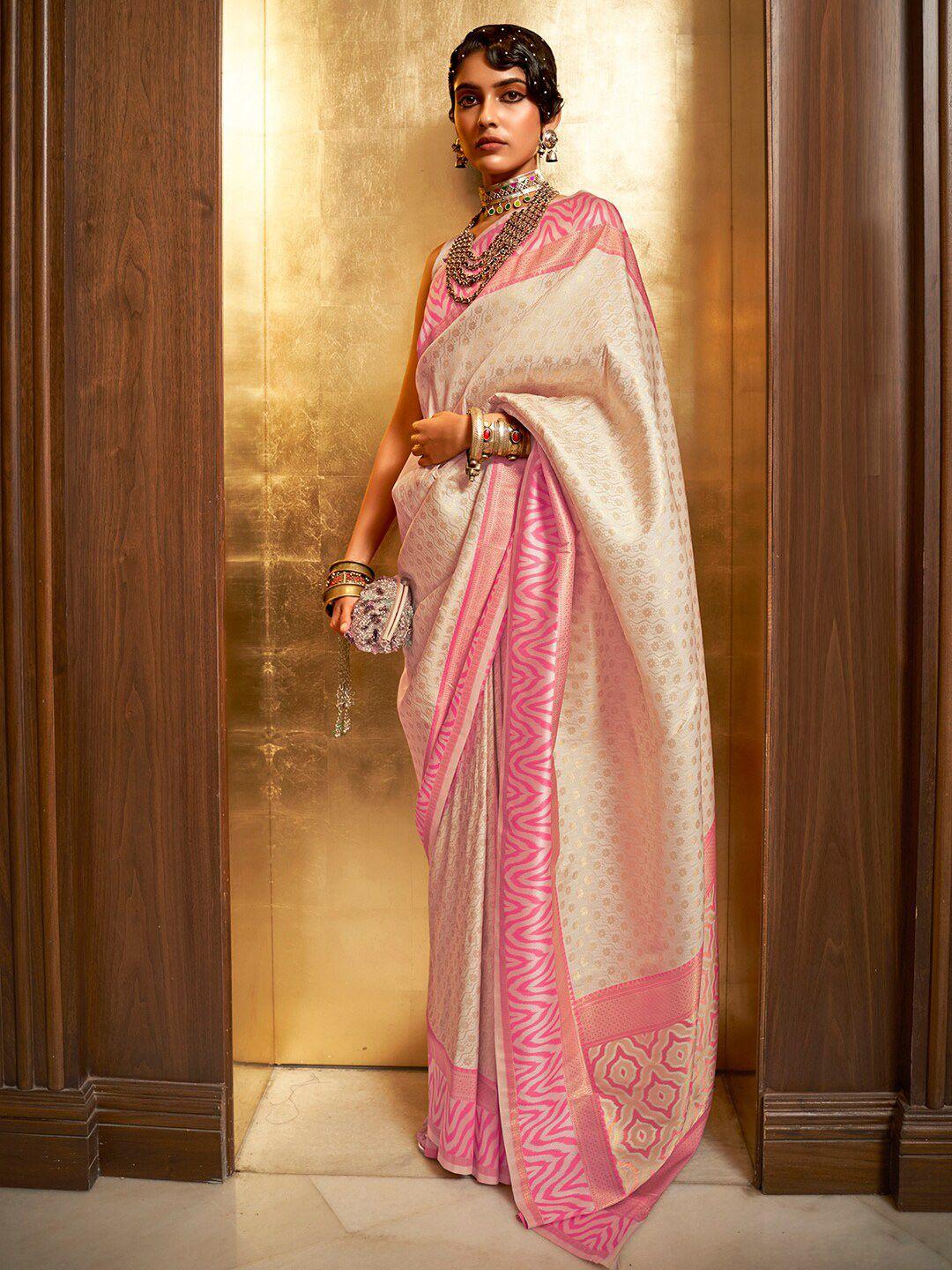 mitera cream-coloured & pink paisley silk blend banarasi saree