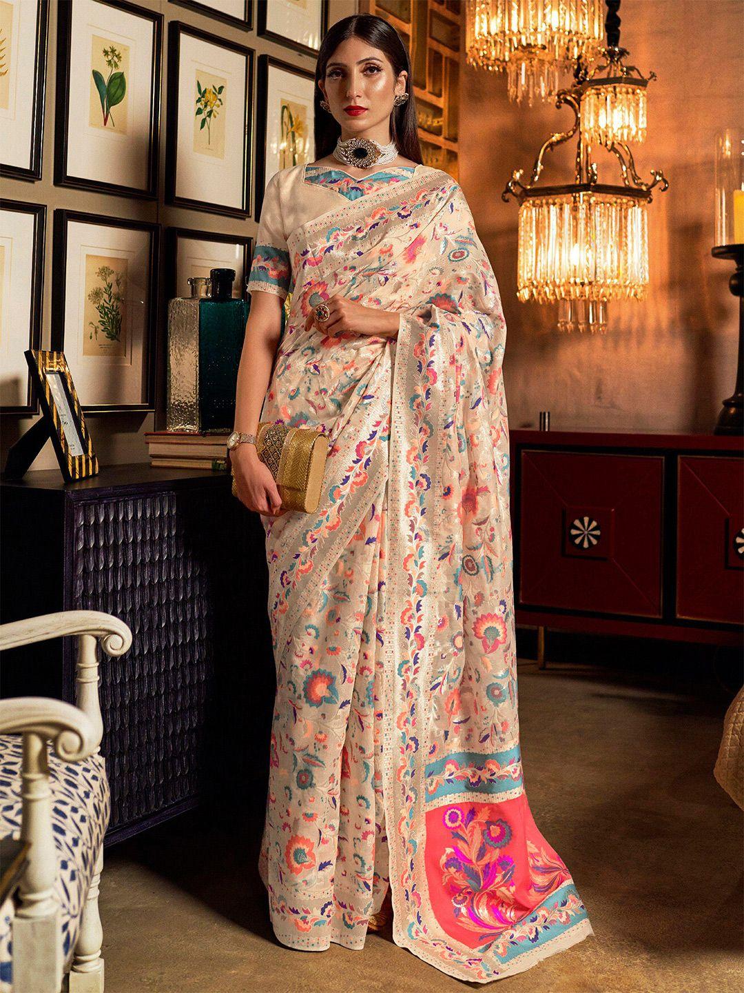 mitera cream-coloured & pink woven design silk blend banarasi saree