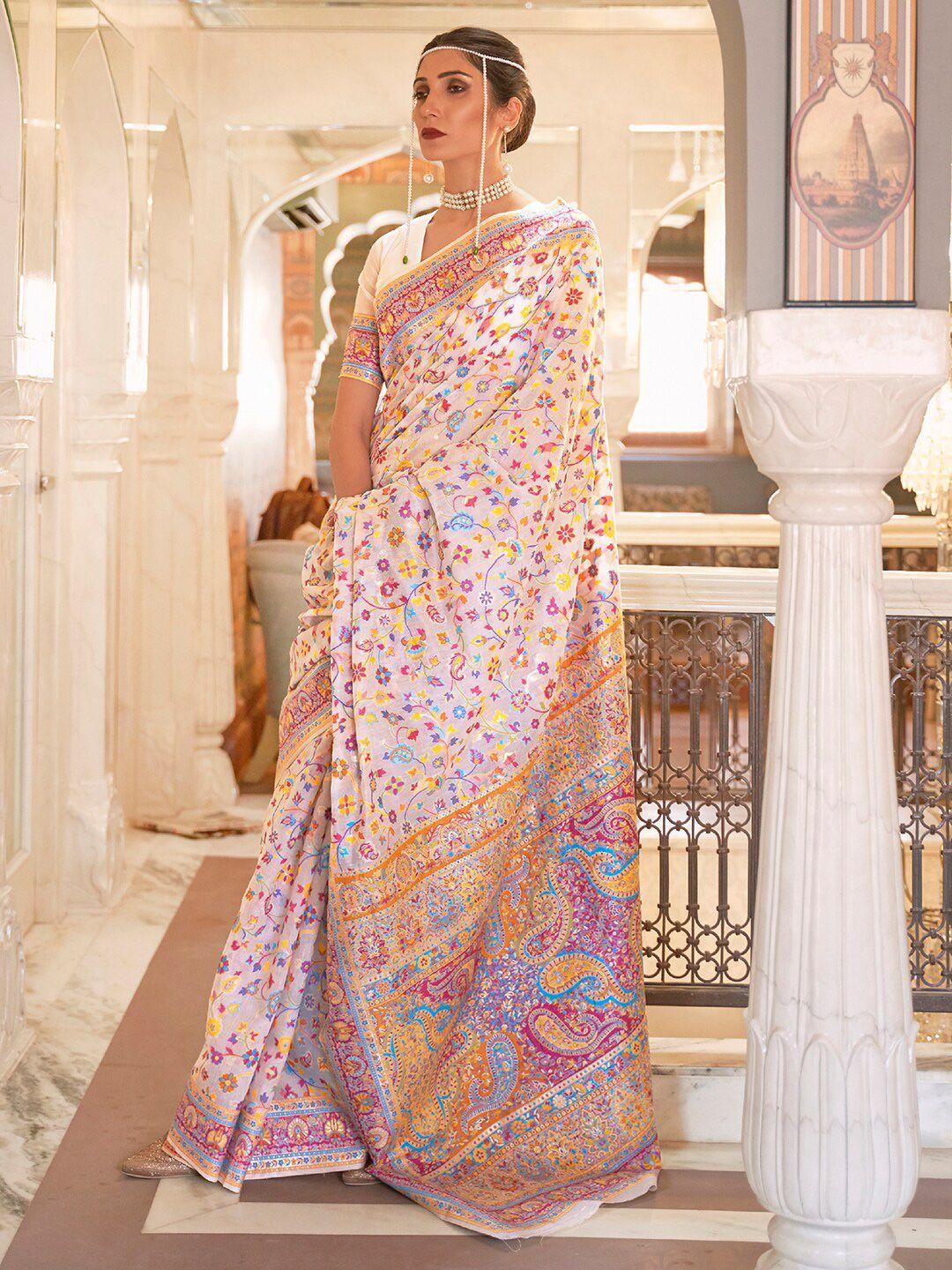 mitera cream-coloured & pink woven design zari silk blend banarasi saree