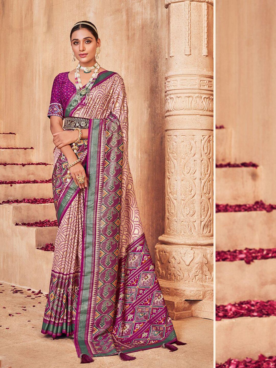 mitera cream-coloured & purple bandhani patola saree