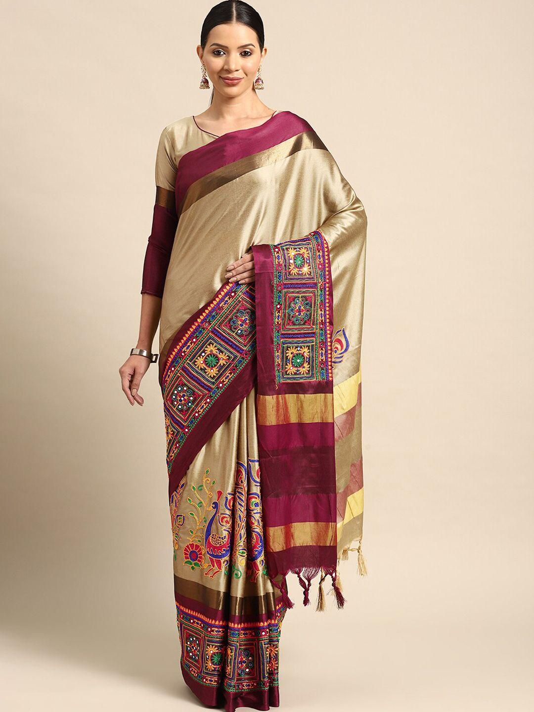 mitera cream-coloured & purple ethnic motifs embroidered silk cotton banarasi saree