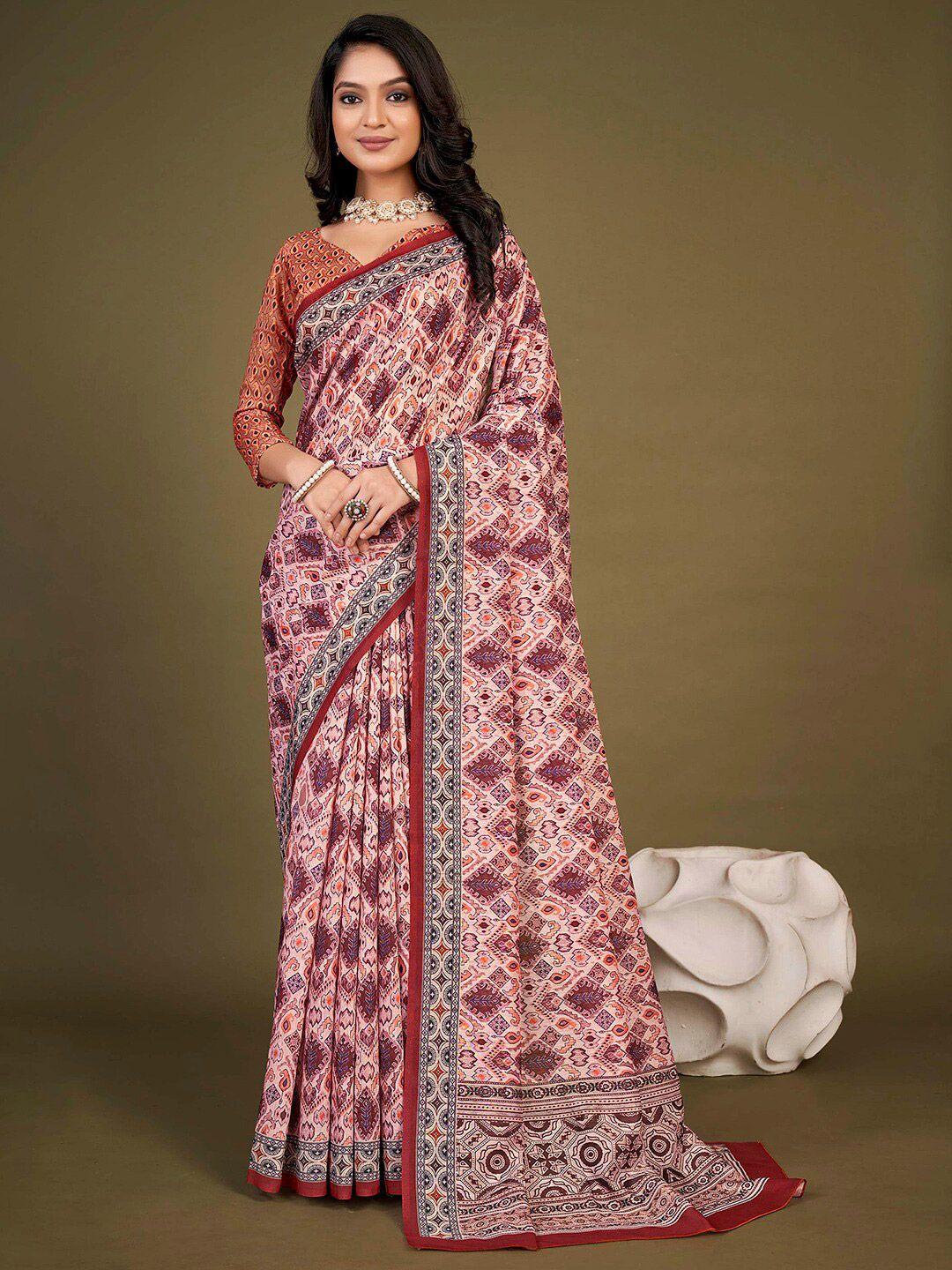 mitera cream-coloured & purple ethnic motifs printed pure silk bagh saree