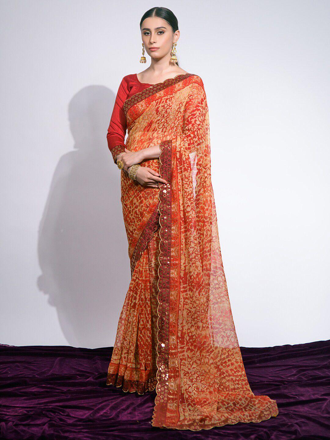 mitera cream-coloured & red abstract printed sequinned pure chiffon saree