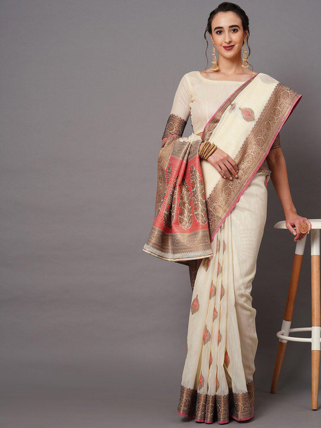 mitera cream-coloured & red ethnic motifs zari banarasi saree