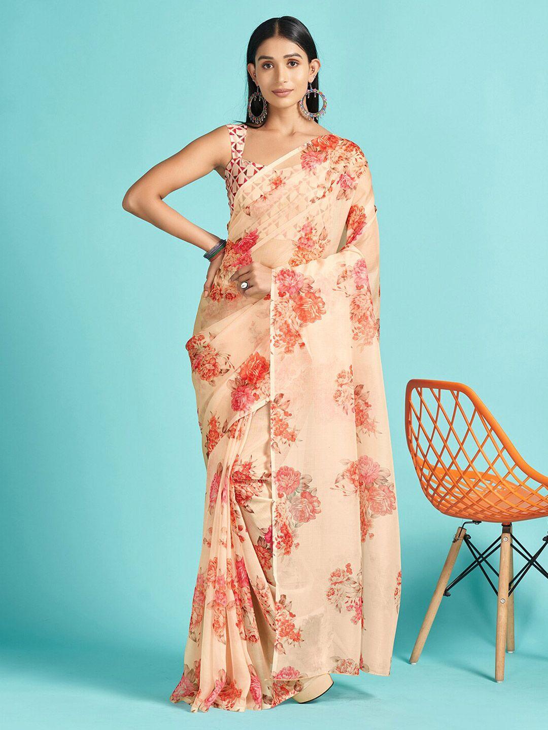 mitera cream-coloured & red floral printed organza saree