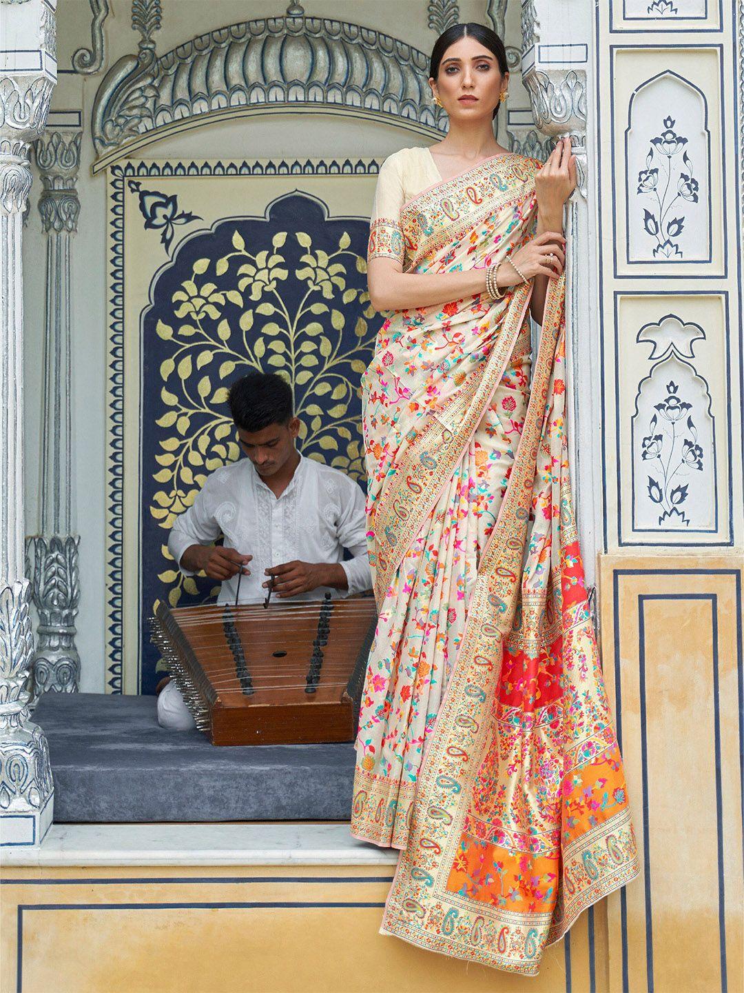 mitera cream-coloured & red floral silk blend saree