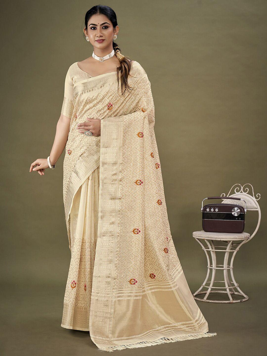 mitera cream-coloured & red geometric embroidered zari organza saree