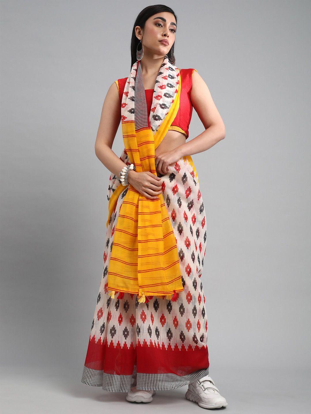 mitera cream-coloured & red geometric printed saree