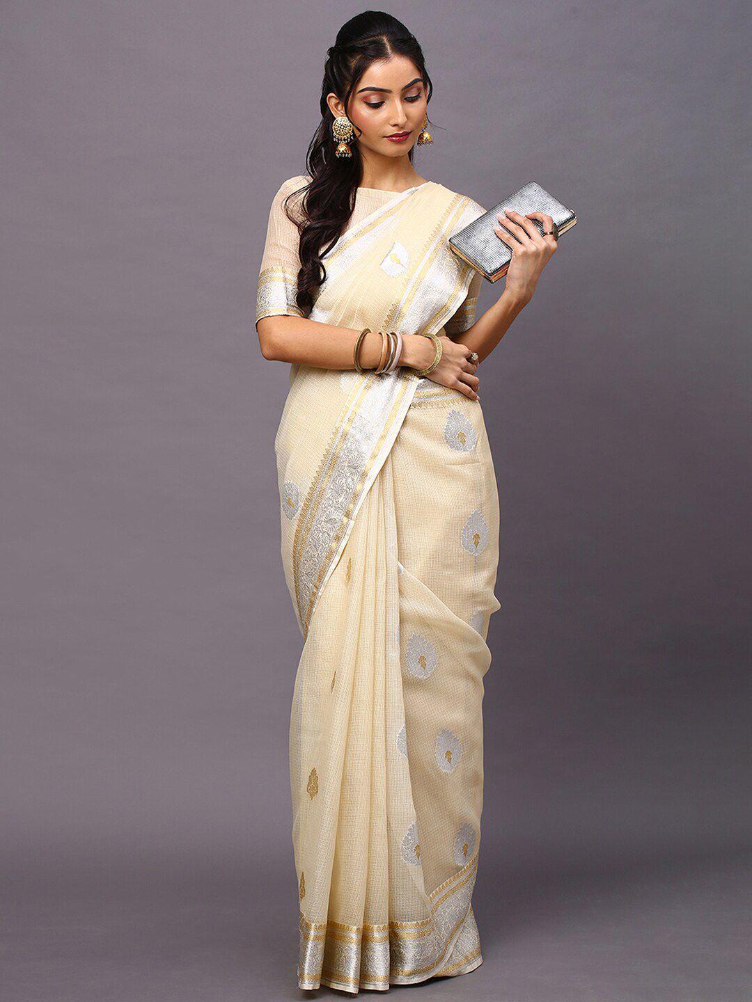 mitera cream-coloured & silver-toned ethnic motifs silk blend banarasi saree