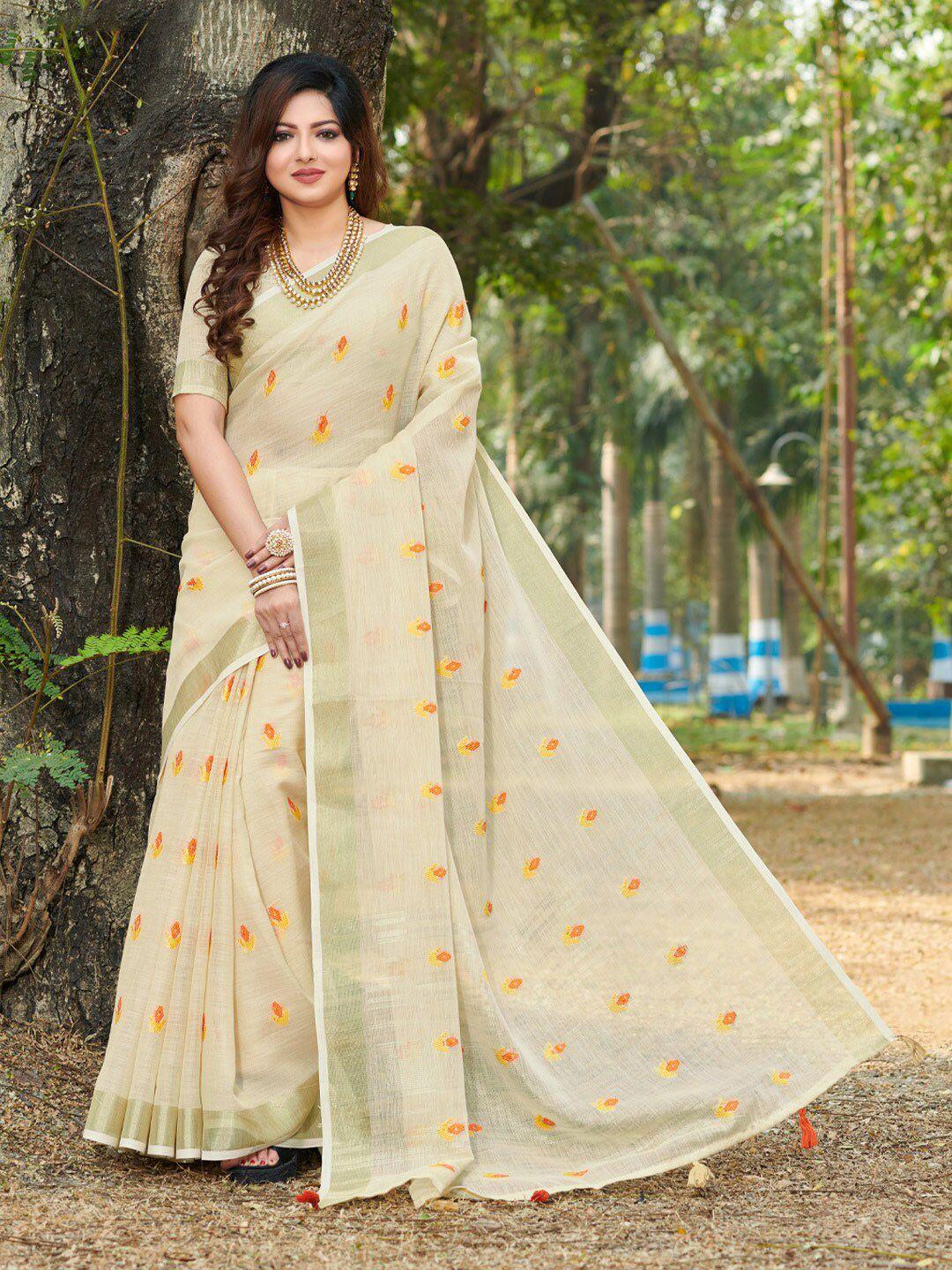 mitera cream-coloured & yellow ethnic motifs zari linen blend saree