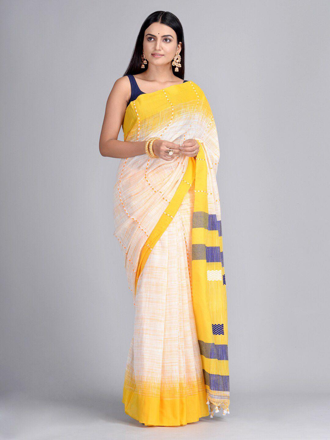 mitera cream-coloured & yellow pure cotton handwoven design taant saree